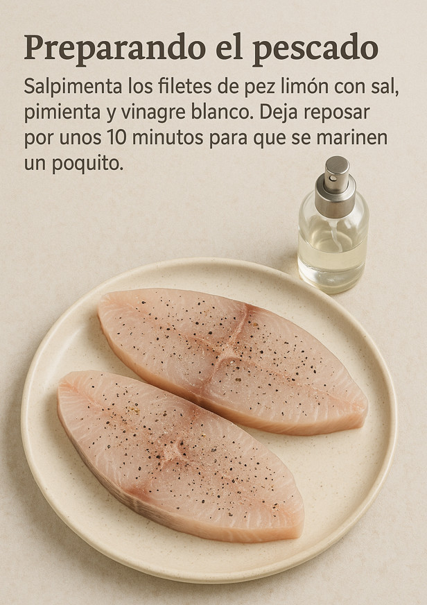 Preparando el pescado: Salpimenta los filetes de pez limón con sal, pimienta y vinagre blanco. Deja reposar por unos 10 minutos para que se marinen un poquito.