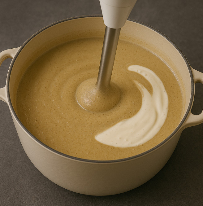 Utiliza una batidora de mano para moler la sopa hasta que llegue al punto suave.
Añadir la crema de huevo, mezcla bien y sazona con sal y pimienta al gusto.