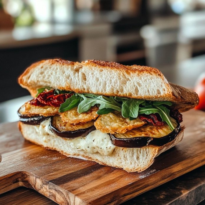 Sándwich de berenjena frita con mozzarella y tomate seco