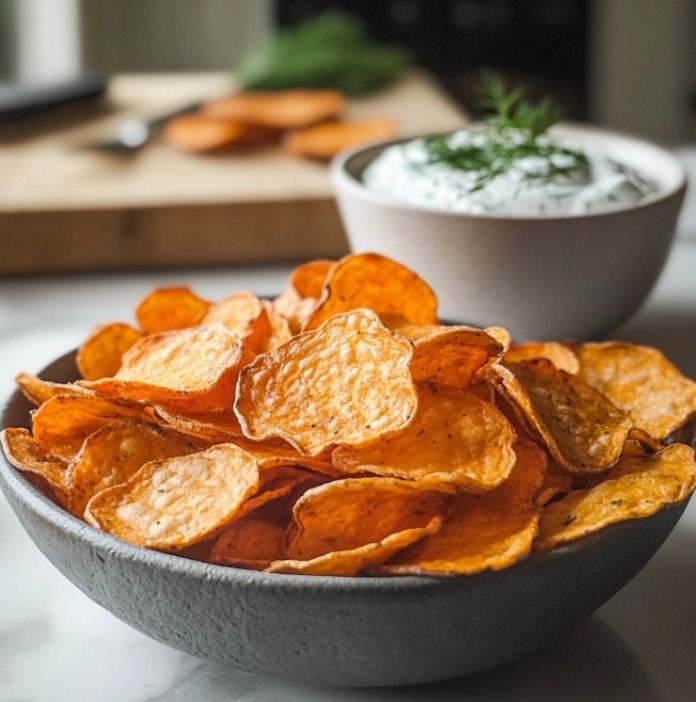Chips de batata con salsa de yogur y eneldo
