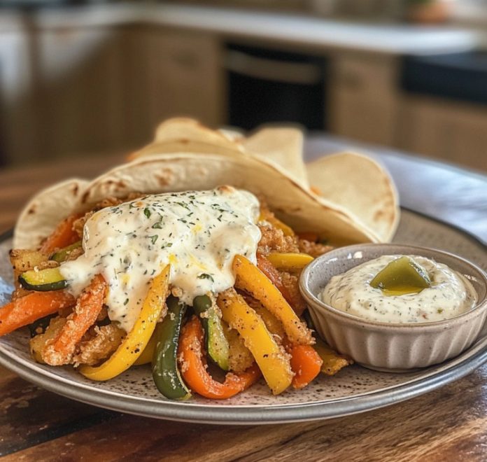 Fajitas fritas de verduras con queso fundido y salsa tártara