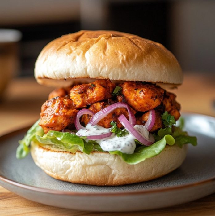 Bocadillo de pollo tikka en pan de hamburguesa