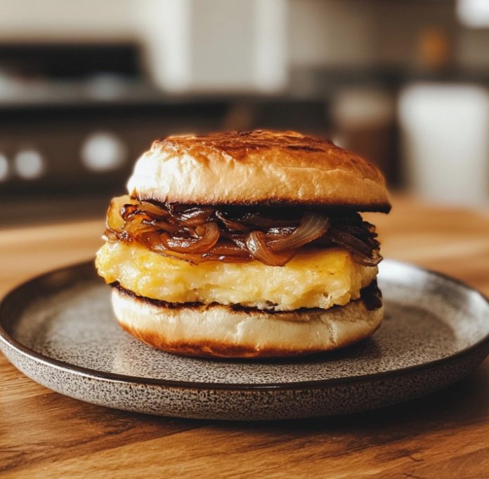 Tortilla española en pan brioche con cebolla caramelizada