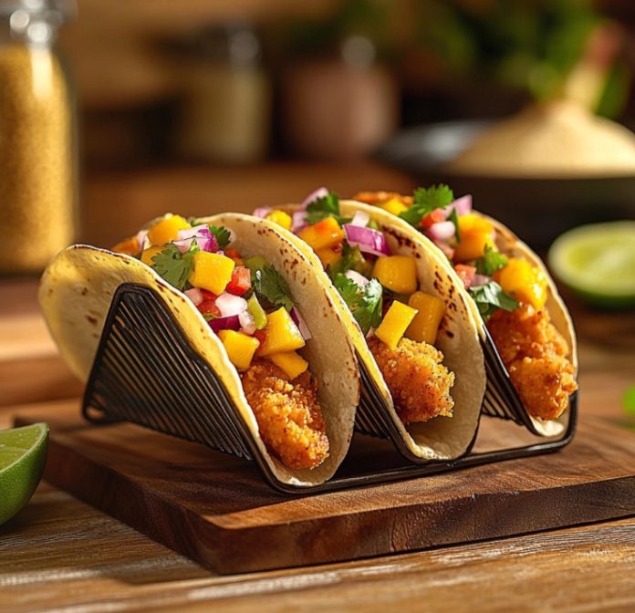 Tacos de pollo crujiente con salsa de mango y chile