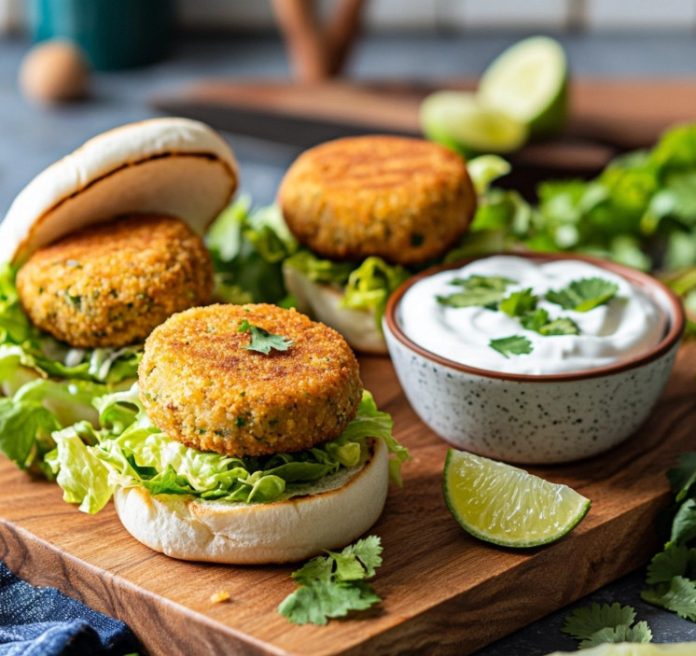 Mini hamburguesas de falafel con salsa de yogur y lima