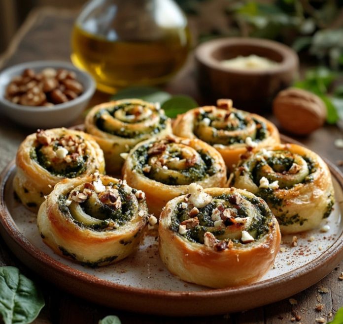 Pizza roll con espinacas, queso feta y pesto de nueces