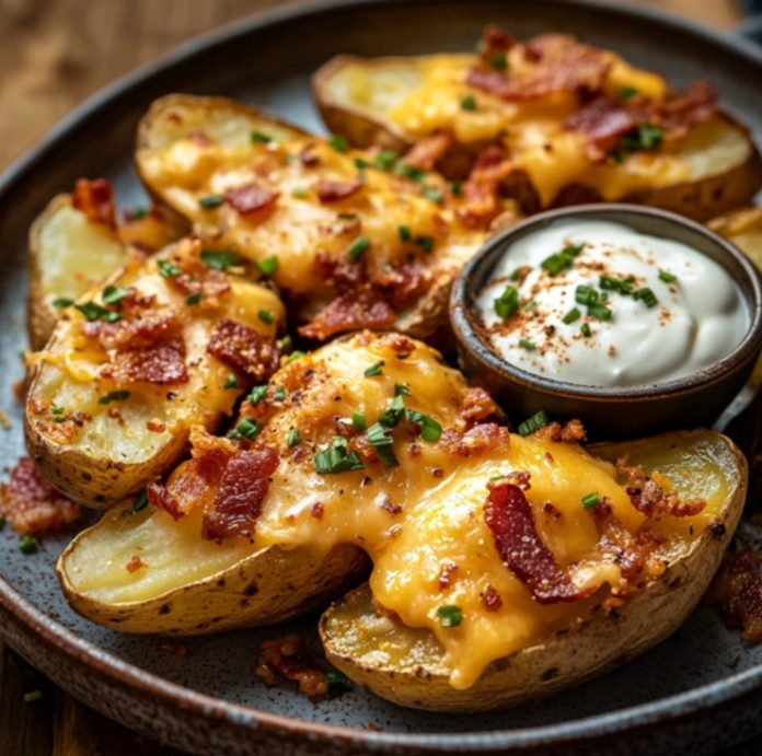Patatas fritas rellenas de cheddar y tocino