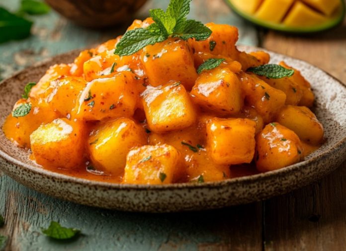 Patatas bravas con salsa de mango picante y menta fresca