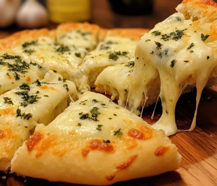 Pizza de pan de ajo relleno con cuatro quesos fundidos
