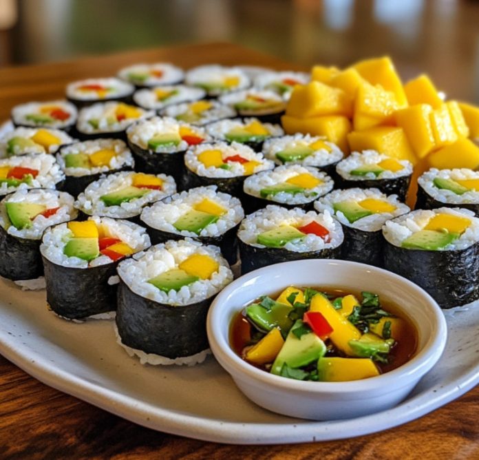 Rollitos de arroz con aguacate, mango y chile dulce