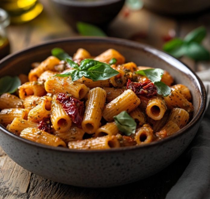 Pasta de lentejas rojas con pesto de tomates secos y albahaca