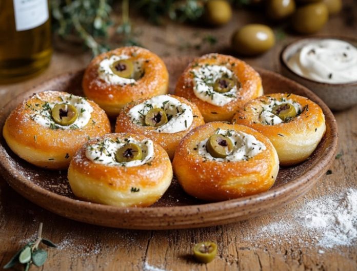 Donuts salados rellenos de queso crema y aceitunas