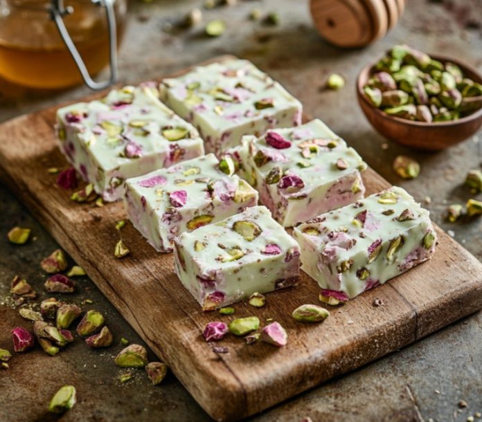 Turrón blando de pistacho y chocolate ruby
