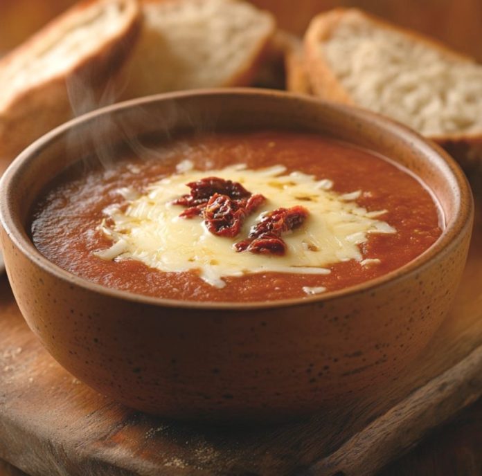 Gazpacho caliente de tomate seco y queso fundido