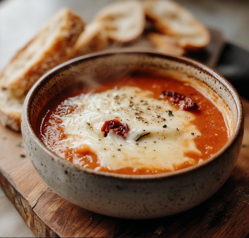 Gazpacho caliente de tomate seco y queso fundido