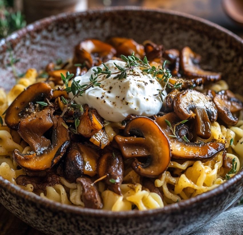 Fideos tostados con setas silvestres y yogur de cabra
