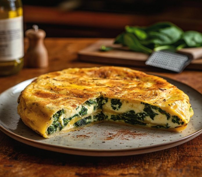 Tortilla española rellena de espinacas, queso manchego y nuez moscada