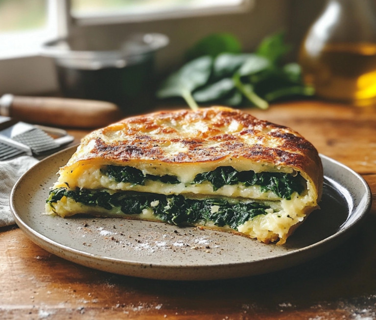 Tortilla española rellena de espinacas, queso manchego y nuez moscada