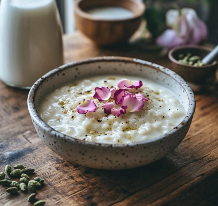 Arroz con leche al cardamomo y pétalos de rosa