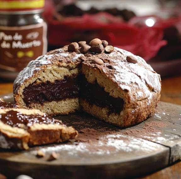 Pan de Muerto relleno de crema de avellanas y cacao